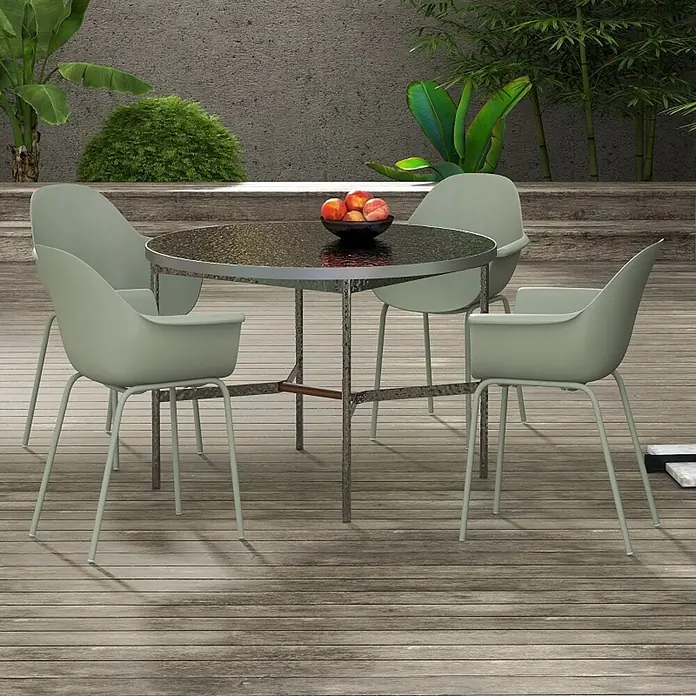 SONNENH Gartenstuhl-Set - 4 Stk., Stahl, Grün, B x T x H: 59 x 55 x 84 cm - Vier hellgrüne Outdoor-Esszimmerstühle um einen dunklen runden Metalltisch auf einer Holzterrasse.