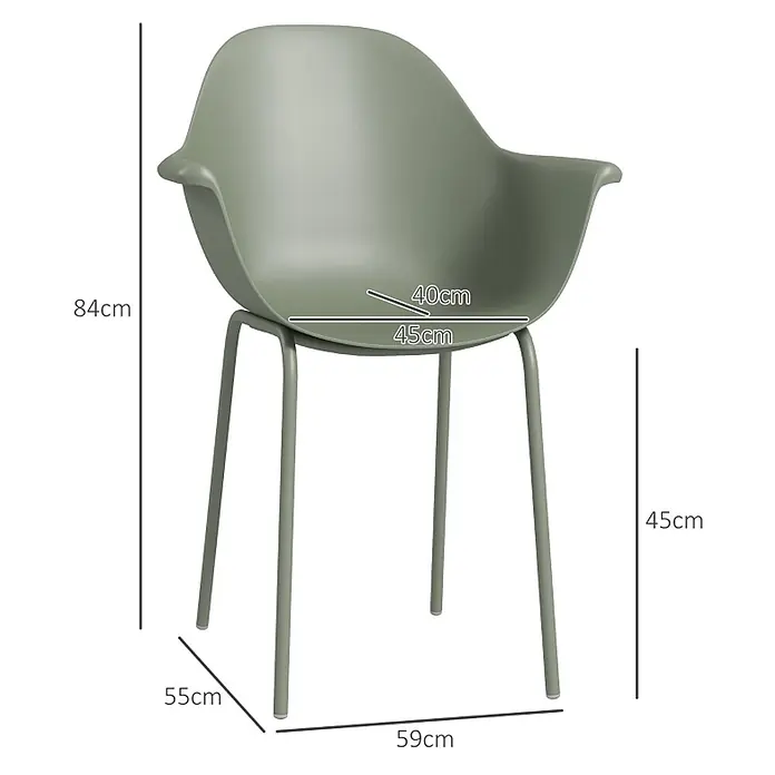 SONNENH Gartenstuhl-Set - 4 Stk., Stahl, Grün, B x T x H: 59 x 55 x 84 cm - Olivgrüner Schalensessel aus Kunststoff mit Metallbeinen, Maße angezeigt.
