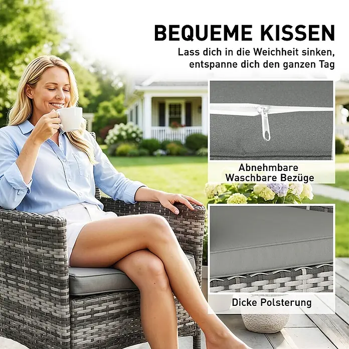 SONNENH Gartenstuhl-Set - 2 Stk., Rattan, Grau, B x T x H: 62 x 58 x 87 cm - Frau entspannt sich auf einem Gartenstuhl mit bequemen grauen Kissen, Nahaufnahmen zeigen abnehmbare Bezüge und dicke Polsterung.