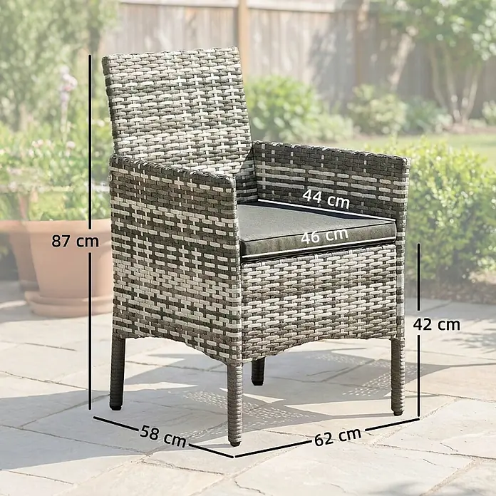 SONNENH Gartenstuhl-Set - 2 Stk., Rattan, Grau, B x T x H: 62 x 58 x 87 cm - Grau-brauner Gartensessel aus geflochtenem Rattan mit dunklem Kissen, Maße angezeigt.
