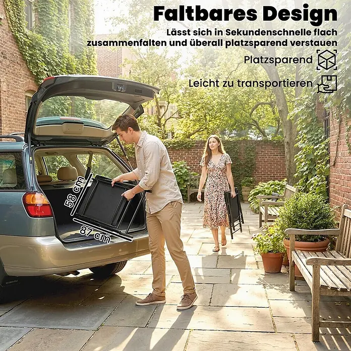SONNENH Gartenstuhl-Set - 2 Stk., Stahl, Klappbar, Schwarz, B x T x H: 58 x 62 x 97 cm - Schwarze faltbare Hundebox wird ins Auto geladen, was ihr platzsparendes Design für einfachen Transport hervorhebt.