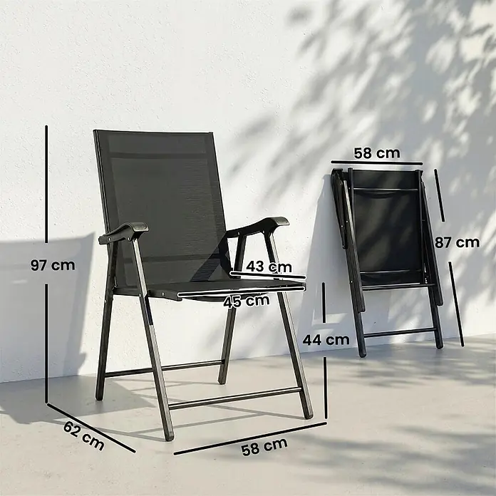 SONNENH Gartenstuhl-Set - 2 Stk., Stahl, Klappbar, Schwarz, B x T x H: 58 x 62 x 97 cm - Dunkelgrauer klappbarer Gartenstuhl, offen mit Maßen und zusammengeklappt für die Aufbewahrung.