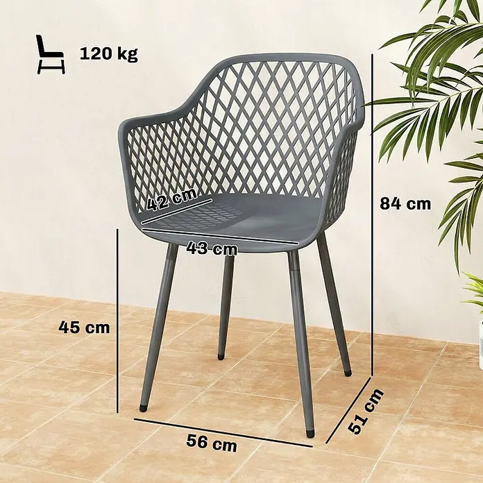 SONNENH Gartenstuhl-Set - 4 Stk., Metall, Dunkelgrau, B x T x H: 56 x 51 x 84 cm - Grauer Stuhl mit rautenförmiger Rückenlehne, Armlehnen und Metallbeinen.