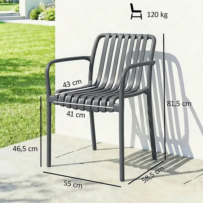 SONNENH Gartenstuhl-Set - 4 Stk., Kunststoff, Stapelbar, Dunkelgrau, B x T x H: 58,5 x 55 x 81,5 cm - Dunkelgrauer Lamellen-Outdoorstuhl mit Armlehnen, zeigt Maße und 120 kg Tragfähigkeit in Außenumgebung.