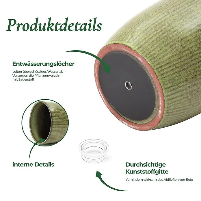 Hometopia Pflanztopf HTPL0080 - 1 Stk., Außenmaß (Ø x H): 30 x 27 cm, Keramik, Gelbgrün - Grüner Keramik-Pflanztopf mit Entwässerungsloch, interner Glasur und transparentem Kunststoffgitter.