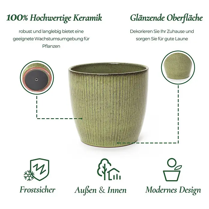 Hometopia Pflanztopf HTPL0080 - 1 Stk., Außenmaß (Ø x H): 30 x 27 cm, Keramik, Gelbgrün - Grüner Keramik-Pflanzentopf mit gerippter Textur und Drainageloch. Für den Innen- und Außenbereich geeignet.