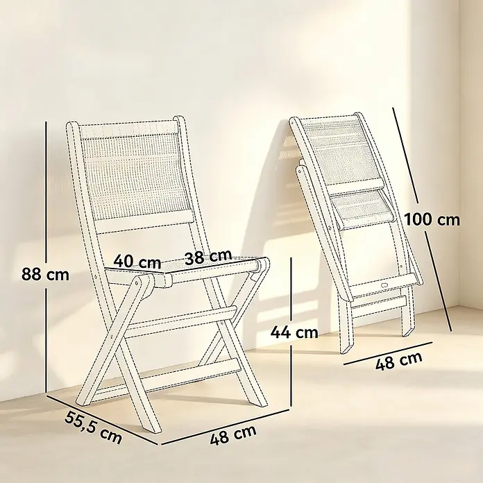 SONNENH Gartenstuhl-Set - 4 Stk., Akazienholz, Polypropylen, Klappbar, Beige/Natur, B x T x H: 48 x 55,5 x 88 cm - Zwei helle Holz-Klappstühle mit geflochtenen Sitzen, einer offen (88x55.5x48 cm) und einer gefaltet (100x44x48 cm).