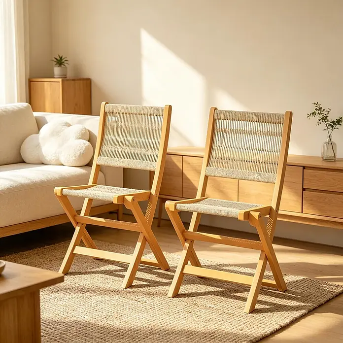 SONNENH Gartenstuhl-Set - 4 Stk., Akazienholz, Polypropylen, Klappbar, Beige/Natur, B x T x H: 48 x 55,5 x 88 cm - Zwei Klappstühle aus hellem Holz mit geflochtenen Seilsitzen und Rückenlehnen, auf einem Teppich in einem sonnigen Wohnzimmer.