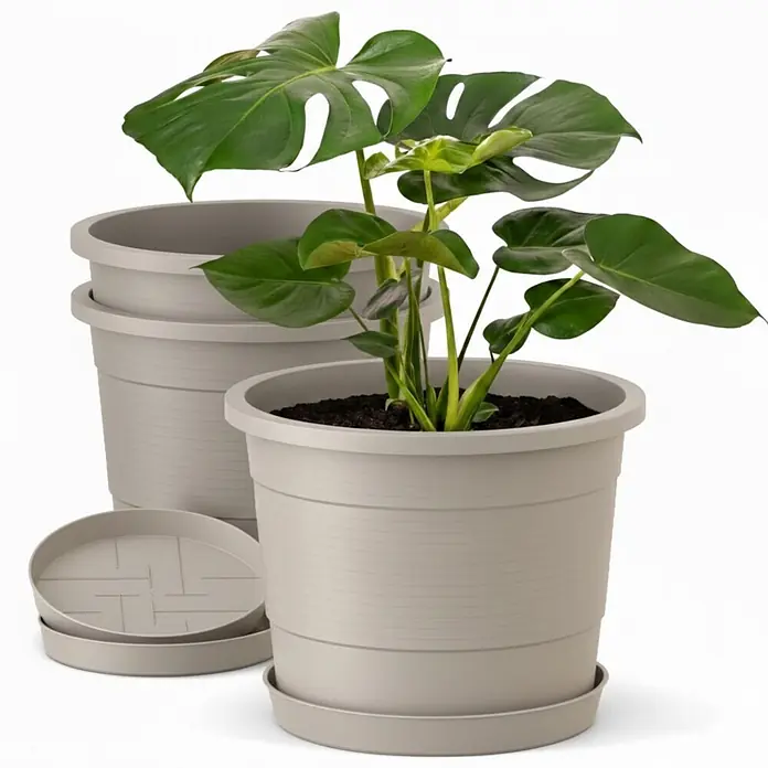 Plastard Pflanztopf 3er-Set Ø 46 cm mit Untersetzer rund – Seidengrau - 3 Stk., Außenmaß (Ø x H): 46 x 36 cm, Kunststoff, Seidengrau - Hellgraue Kunststoff-Pflanztöpfe und Untersetzer, einer mit einer grünen Monstera-Pflanze, sowie gestapelte Töpfe und Untersetzer.