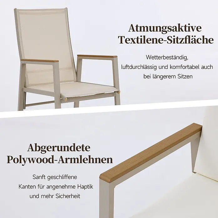 SONNENH Gartenstuhl-Set - 1 Stk., Polyester, Beige, B x T x H: 57 x 72 x 101 cm - Outdoorstuhl mit atmungsaktiver Textilene-Sitzfläche und abgerundeten Polywood-Armlehnen für Komfort und Sicherheit.