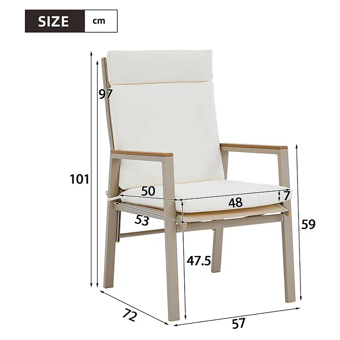 SONNENH Gartenstuhl-Set - 1 Stk., Polyester, Beige, B x T x H: 57 x 72 x 101 cm - Beiger Outdoor-Stuhl mit weißen Kissen und Holzarmlehnen, mit Maßen. Gesamthöhe 101 cm.