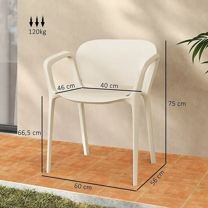 SONNENH Gartenstuhl-Set - 4 Stk., Kunststoff, Stapelbar, Weiß, B x T x H: 60 x 56 x 75 cm - Hellbeiger Kunststoff-Gartensessel, 75x60x56 cm (HxBxT), Sitzhöhe 46 cm, 120 kg Tragkraft.