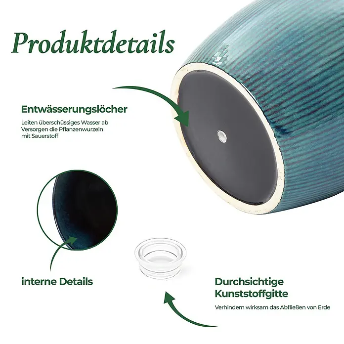 Hometopia Pflanztopf HTPL0081-L - 1 Stk., Außenmaß (Ø x H): 38 x 34,5 cm, Keramik, Blaugrün - Teal-blauer Keramik-Blumentopf mit Entwässerungsloch und durchsichtigem Kunststoffgitter gegen Erdverlust.