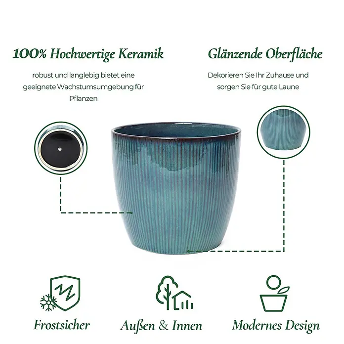 Hometopia Pflanztopf HTPL0081-L - 1 Stk., Außenmaß (Ø x H): 38 x 34,5 cm, Keramik, Blaugrün - Türkisfarbener Keramik-Blumentopf mit glänzender Oberfläche und vertikalen Rillen, frostfest für Innen- und Außenbereich.