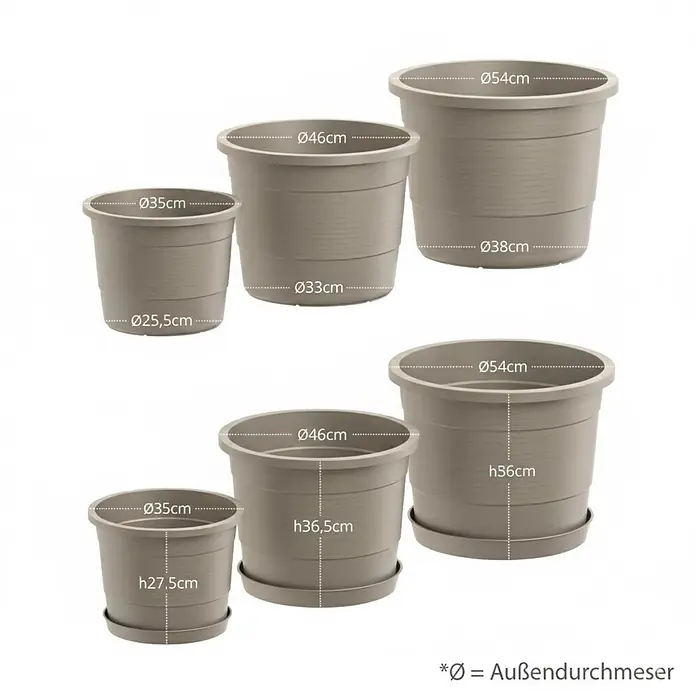 Plastard Pflanztopf 3er-Set Ø 46 cm mit Untersetzer rund – Seidengrau - 3 Stk., Außenmaß (Ø x H): 46 x 36 cm, Kunststoff, Seidengrau - Set beiger Pflanztöpfe in verschiedenen Größen, teils mit Untersetzern, inklusive Maßangaben.