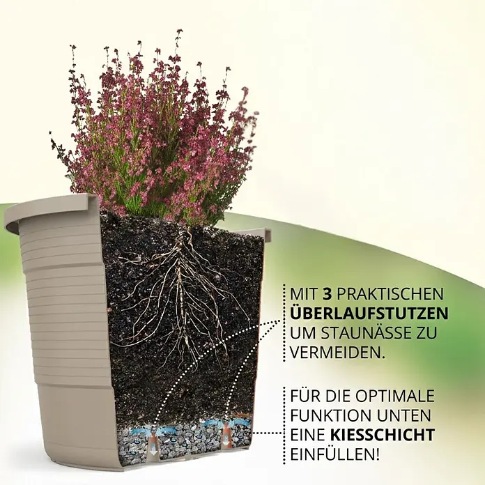 Plastard Pflanztopf 3er-Set Ø 46 cm mit Untersetzer rund – Seidengrau - 3 Stk., Außenmaß (Ø x H): 46 x 36 cm, Kunststoff, Seidengrau - Beiger Blumenkübel im Querschnitt mit inneren Überlaufstützen und empfohlener Kiesschicht zur Vermeidung von Staunässe.