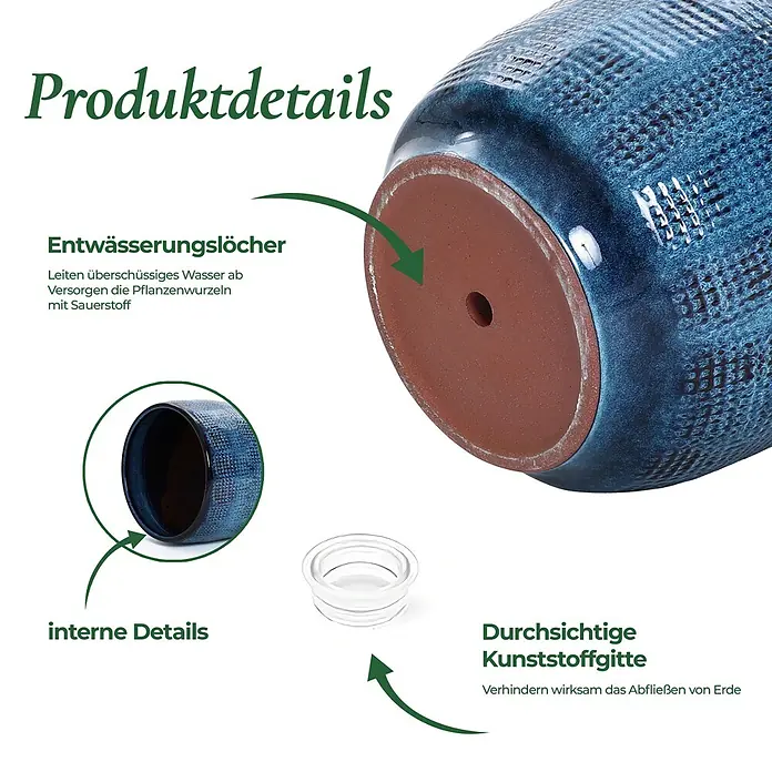Kärcher Pflanztopf HTPL0036-M - 1 Stk., Außenmaß (Ø x H): 31 x 28,5 cm, Keramik, Marineblau - Blauer Keramik-Pflanztopf mit Entwässerungsloch und transparentem Gitternetz zum Schutz vor Erdverlust.
