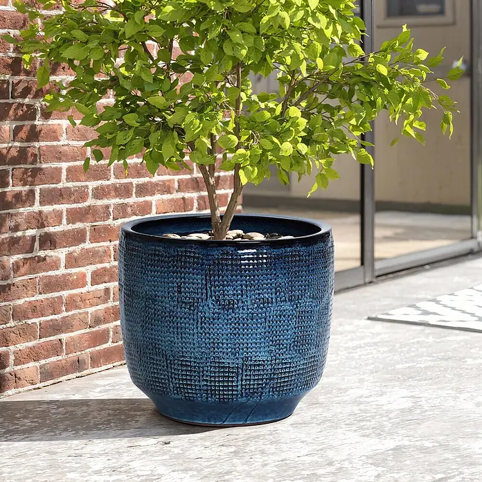 Hometopia Pflanztopf HTPL0036-L - 1 Stk., Außenmaß (Ø x H): 40 x 28,5 cm, Keramik, Marineblau - Dunkelblauer texturierter Pflanzkübel mit grüner Pflanze, auf einer Terrasse.
