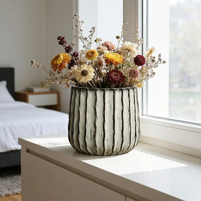 Hometopia Pflanztopf HTPL0078-LW - 1 Stk., Außenmaß (Ø x H): 23,5 x 2,61 cm, Keramik, Salbeigrün - Gerippte Vase mit melierter Glasur, gefüllt mit Trockenblumen in Gelb-, Orange- und Burgundertönen, auf einer Fensterbank.