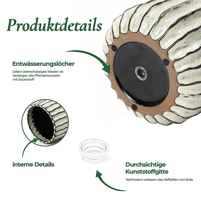 Hometopia Pflanztopf HTPL0078-LW - 1 Stk., Außenmaß (Ø x H): 23,5 x 2,61 cm, Keramik, Salbeigrün - Hellfarbiger, strukturierter Pflanztopf mit Entwässerungsloch und Innenansicht. Ein transparentes Gitter verhindert Erdverlust, fördert Drainage und Belüftung.