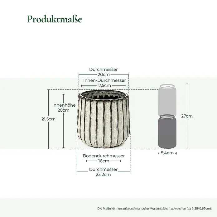 Hometopia Pflanztopf HTPL0078-LW - 1 Stk., Außenmaß (Ø x H): 23,5 x 2,61 cm, Keramik, Salbeigrün - Detailliertes Diagramm eines gerippten beigen Keramiktopfes, mit Angaben zu Außen- und Innendurchmessern und Höhen (bis 23,2 cm).
