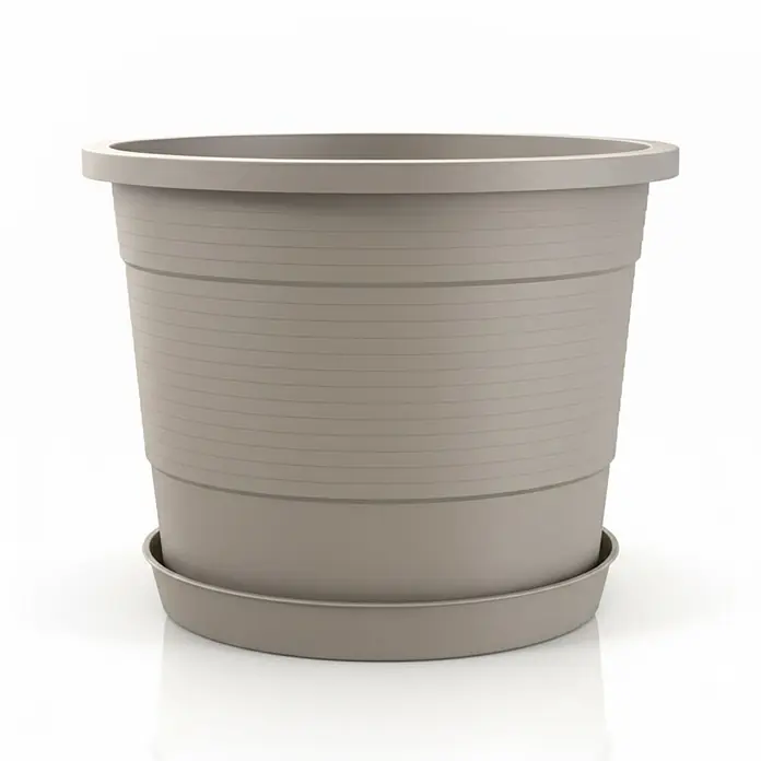 Plastard Pflanztopf 3er-Set Ø 46 cm mit Untersetzer rund – Seidengrau - 3 Stk., Außenmaß (Ø x H): 46 x 36 cm, Kunststoff, Seidengrau - Runder hellbrauner Pflanztopf aus Kunststoff mit horizontalen Rillen und passendem Untersetzer.