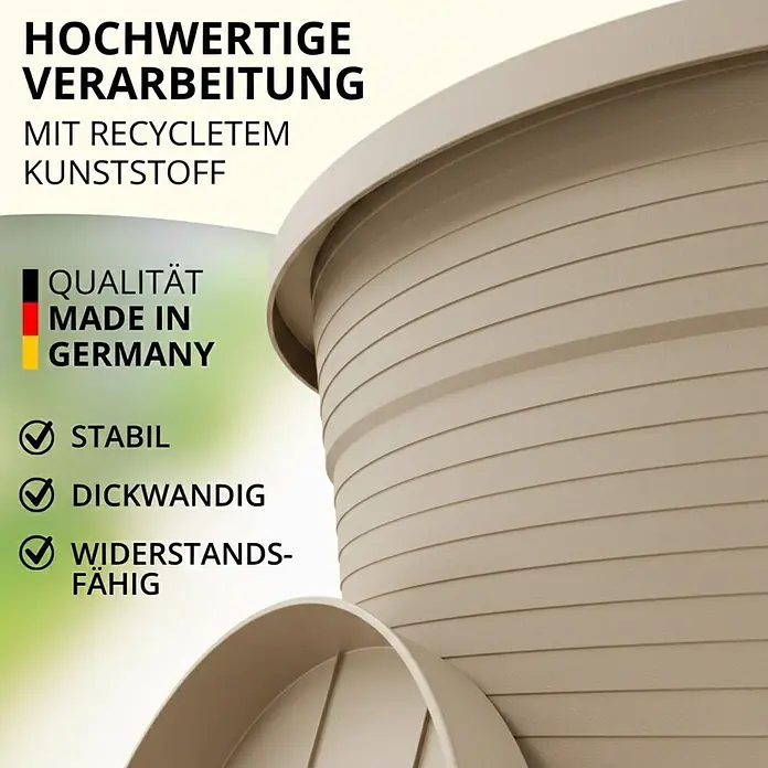 Plastard Pflanztopf 3er-Set Ø 46 cm mit Untersetzer rund – Seidengrau - 3 Stk., Außenmaß (Ø x H): 46 x 36 cm, Kunststoff, Seidengrau - Hellbrauner Blumenkübel aus recyceltem Kunststoff, stabil und dickwandig.