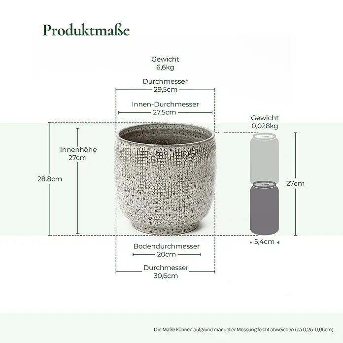 Hometopia Pflanztopf HTPL0327-M - 1 Stk., Außenmaß (Ø x H): 31 x 29 cm, Keramik, Graues - Detailliertes Produktbild eines gesprenkelten grauen Keramiktopfes mit Maßen, Innenmaßen, Gewicht und Größenvergleich.