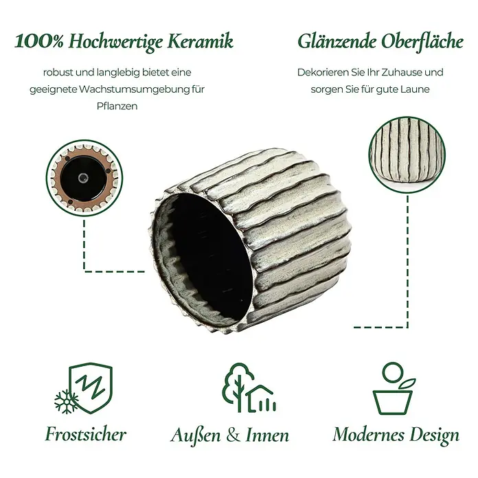 Hometopia Pflanztopf HTPL0078-LW - 1 Stk., Außenmaß (Ø x H): 23,5 x 2,61 cm, Keramik, Salbeigrün - Gerippter Keramik-Pflanztopf, cremefarben mit braunen Akzenten, glänzende Oberfläche. Robust und frostsicher für Innen & Außen.