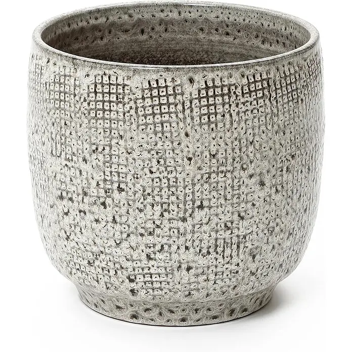 Hometopia Pflanztopf HTPL0327-M - 1 Stk., Außenmaß (Ø x H): 31 x 29 cm, Keramik, Graues - Rundes, strukturiertes graues Keramikgefäß mit gerastertem Muster.