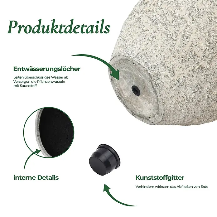 Blumentopf Groß, Rund Übertöpfe Betonoptik für Außen & Innen -  - Strukturierter, heller Pflanztopf mit Ablaufloch, schwarzem Stopfen und schwarzer Innenverkleidung für optimale Pflanzengesundheit.