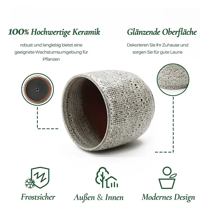 Hometopia Pflanztopf HTPL0327-M - 1 Stk., Außenmaß (Ø x H): 31 x 29 cm, Keramik, Graues - Grauer, texturierter Keramik-Pflanztopf, frostsicher, für innen und außen geeignet, mit modernem Design.