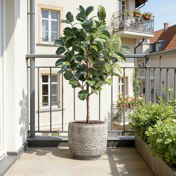 Hometopia Pflanztopf HTPL0327-M - 1 Stk., Außenmaß (Ø x H): 31 x 29 cm, Keramik, Graues - Üppige grüne Ficus-Pflanze in einem strukturierten grauen Keramiktopf auf einem sonnigen Balkon.