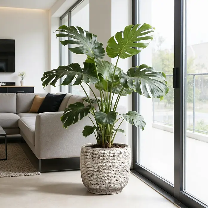 Hometopia Pflanztopf HTPL0327-M - 1 Stk., Außenmaß (Ø x H): 31 x 29 cm, Keramik, Graues - Strukturierter weißer Übertopf mit großer Monstera-Pflanze in einem hellen Wohnzimmer.