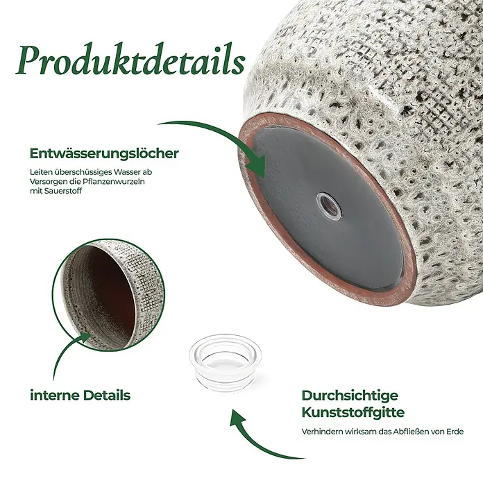 Hometopia Pflanztopf HTPL0327-M - 1 Stk., Außenmaß (Ø x H): 31 x 29 cm, Keramik, Graues - Gesprenkelter Keramik-Pflanzentopf mit Drainageloch, zeigt innere Textur und einen transparenten Kunststofffilter für die Erde.
