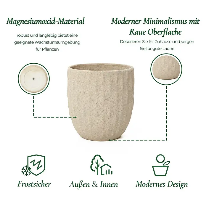 Hometopia Pflanztopf HTPL0183 - Außenmaß (Ø x H): 34 x 34 cm, Verbundwerkstoff, Apricot - Heller, beigefarbener Pflanzentopf aus Magnesiumoxid mit rauer, strukturierter Oberfläche und Drainageloch.