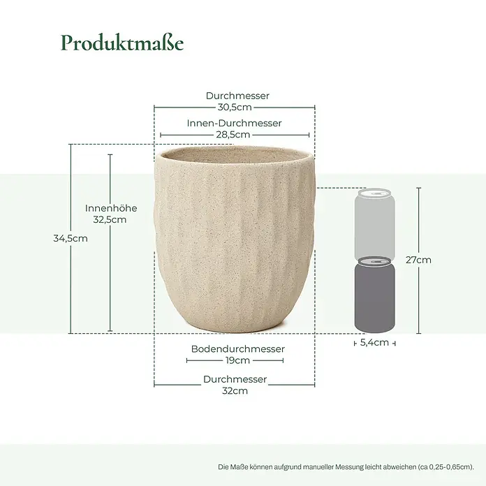Hometopia Pflanztopf HTPL0183 - Außenmaß (Ø x H): 34 x 34 cm, Verbundwerkstoff, Apricot - Beiger, strukturierter Pflanzkübel mit Höhen- und Durchmesserangaben, daneben zwei gestapelte Dosen als Größenvergleich.