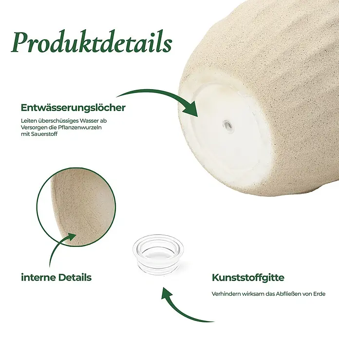 Hometopia Pflanztopf HTPL0183 - Außenmaß (Ø x H): 34 x 34 cm, Verbundwerkstoff, Apricot - Nahaufnahme eines sandfarbenen Pflanzgefäßes mit Entwässerungslöchern und einem Kunststoffgitter, das Erdausfluss verhindert und Belüftung sichert.