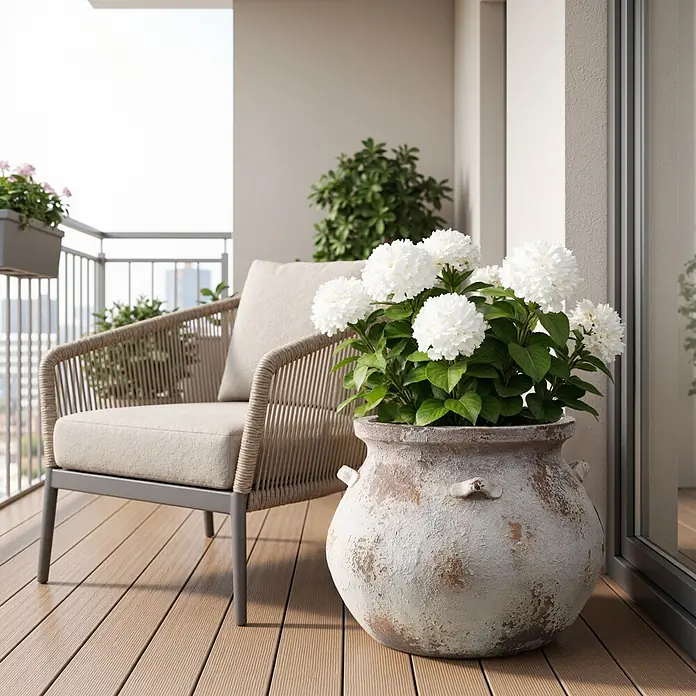 Hometopia Pflanztopf HTPL0358 - 1 Stk., Außenmaß (Ø x H): 37 x 30,5 cm, Verbundwerkstoff, Altweiß - Ein geflochtener Outdoor-Sessel mit hellen Polstern steht auf einem Holzbalkon neben einem großen rustikalen Topf mit weißen Blumen.