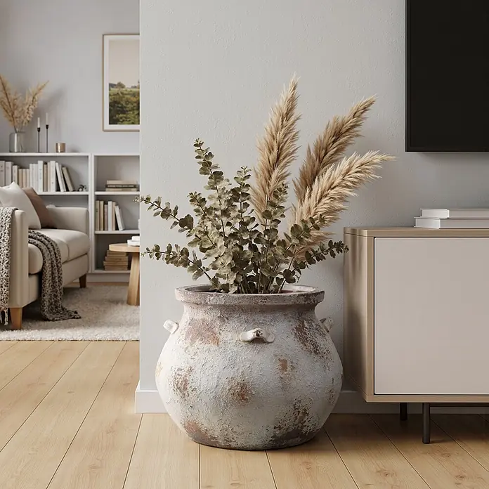 Hometopia Pflanztopf HTPL0358 - 1 Stk., Außenmaß (Ø x H): 37 x 30,5 cm, Verbundwerkstoff, Altweiß - Großer, verwitterter Blumentopf mit getrocknetem Pampasgras und Eukalyptus dekorativ auf hellem Holzboden im Wohnzimmer platziert.