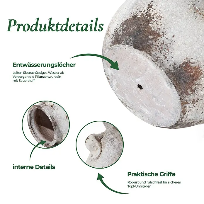 Hometopia Pflanztopf HTPL0358 - 1 Stk., Außenmaß (Ø x H): 37 x 30,5 cm, Verbundwerkstoff, Altweiß - Witterungsbeständiger Pflanztopf mit Entwässerungslöchern und praktischen Griffen zur einfachen Handhabung.