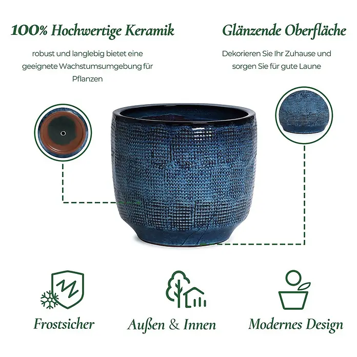 Hometopia Pflanztopf HTPL0036-L - 1 Stk., Außenmaß (Ø x H): 40 x 28,5 cm, Keramik, Marineblau - Blauer Keramik-Pflanztopf mit texturierter, glänzender Oberfläche, frostbeständig und für Innen- sowie Außenbereiche geeignet.