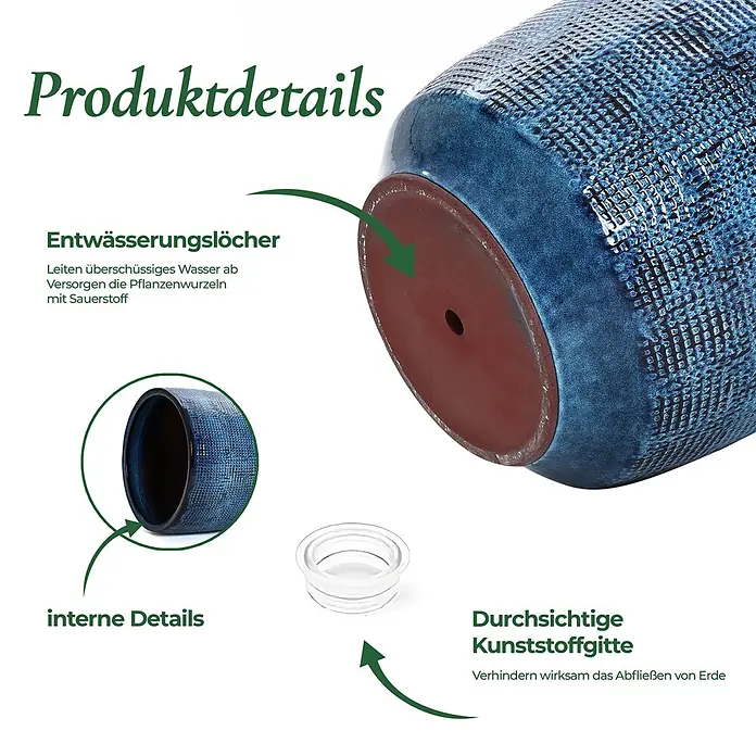 Hometopia Pflanztopf HTPL0036-L - 1 Stk., Außenmaß (Ø x H): 40 x 28,5 cm, Keramik, Marineblau - Blauer Keramik-Blumentopf mit Drainageöffnung und transparentem Kunststoffeinsatz.