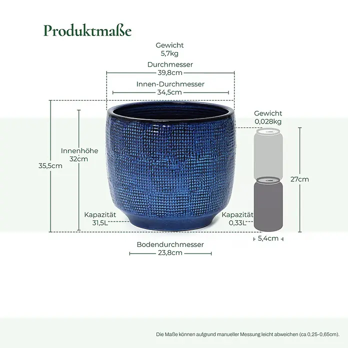 Hometopia Pflanztopf HTPL0036-L - 1 Stk., Außenmaß (Ø x H): 40 x 28,5 cm, Keramik, Marineblau - Blauer, strukturierter Blumentopf mit Produktmaßen und einer Getränkedose zum Größenvergleich.