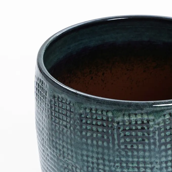 Hometopia Pflanztopf HTPL0037-M - 1 Stk., Außenmaß (Ø x H): 31 x 29 cm, Keramik, Dunkelgrün - Dunkel türkis-grüner Keramiktopf mit strukturierter quadratischer Musterung und dunklem Innenraum.