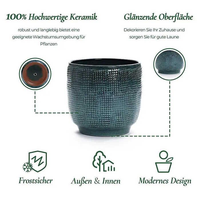 Hometopia Pflanztopf HTPL0037-M - 1 Stk., Außenmaß (Ø x H): 31 x 29 cm, Keramik, Dunkelgrün - Dunkeltürkiser, texturierter Keramik-Pflanztopf mit glänzender Oberfläche. Unterseite mit Abflussloch und oberer Rand.
