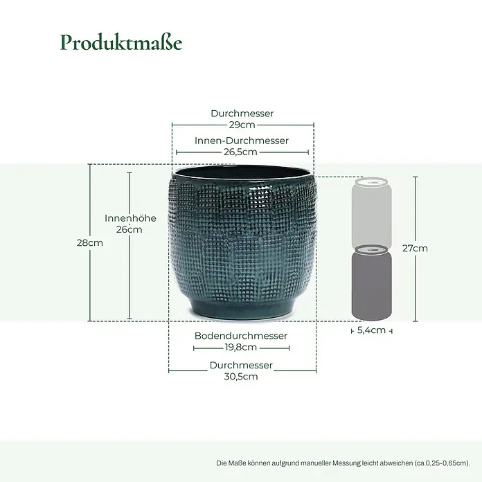 Hometopia Pflanztopf HTPL0037-M - 1 Stk., Außenmaß (Ø x H): 31 x 29 cm, Keramik, Dunkelgrün - Dunkelgrüner strukturierter Pflanztopf. Detaillierte Produktmaße, einschließlich Höhe, Innen- und Außendurchmesser, sind mit einer Dose als Größenvergleich dargestellt.