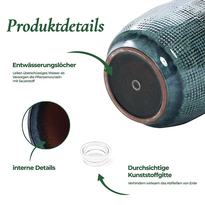 Hometopia Pflanztopf HTPL0037-M - 1 Stk., Außenmaß (Ø x H): 31 x 29 cm, Keramik, Dunkelgrün - Dunkelgrüner strukturierter Keramik-Pflanztopf mit Entwässerungsloch, transparentem Stopfen und glasierten Innendetails.