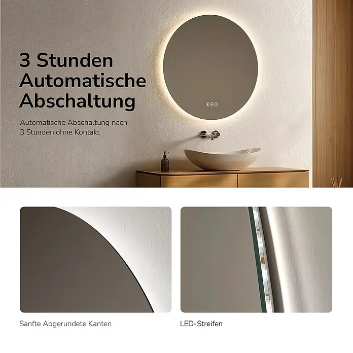 Emke Lichtspiegel Glowrim OLM03 - 80 x 80 cm - Runder beleuchteter LED-Spiegel mit sanften Kanten und 3-Stunden-Abschaltautomatik, in einem modernen Badezimmer gezeigt.