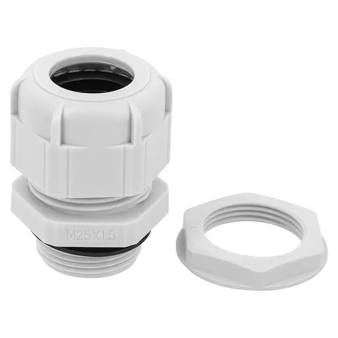 Prensaestopas - M 25, Específico para: Sella y fija cables, IP68, 5 ud. - Prensaestopas de plástico blanco M25x1.5 y contratuerca hexagonal a juego, desmontado.